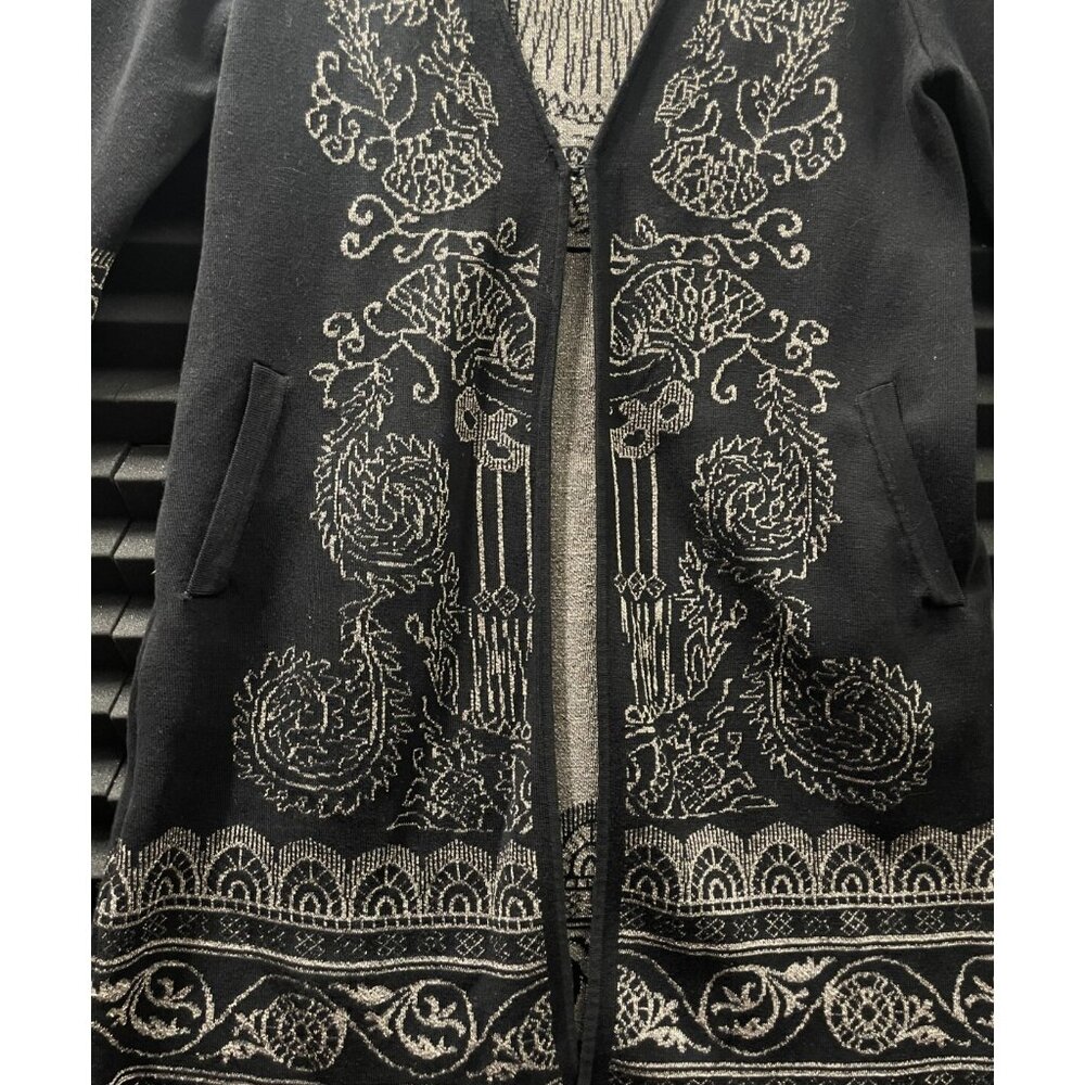 Chico's Size 2P Cardigan Open Sweater Long Beige Black Floral Shiny Woman - Picture 2 of 16